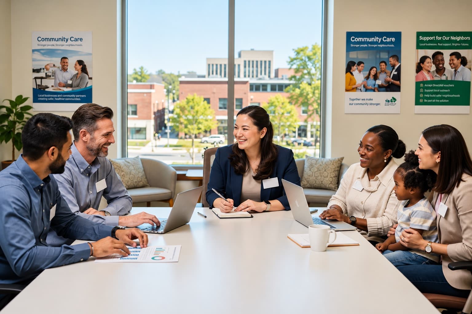 Local business owners and community members talk around a meeting table