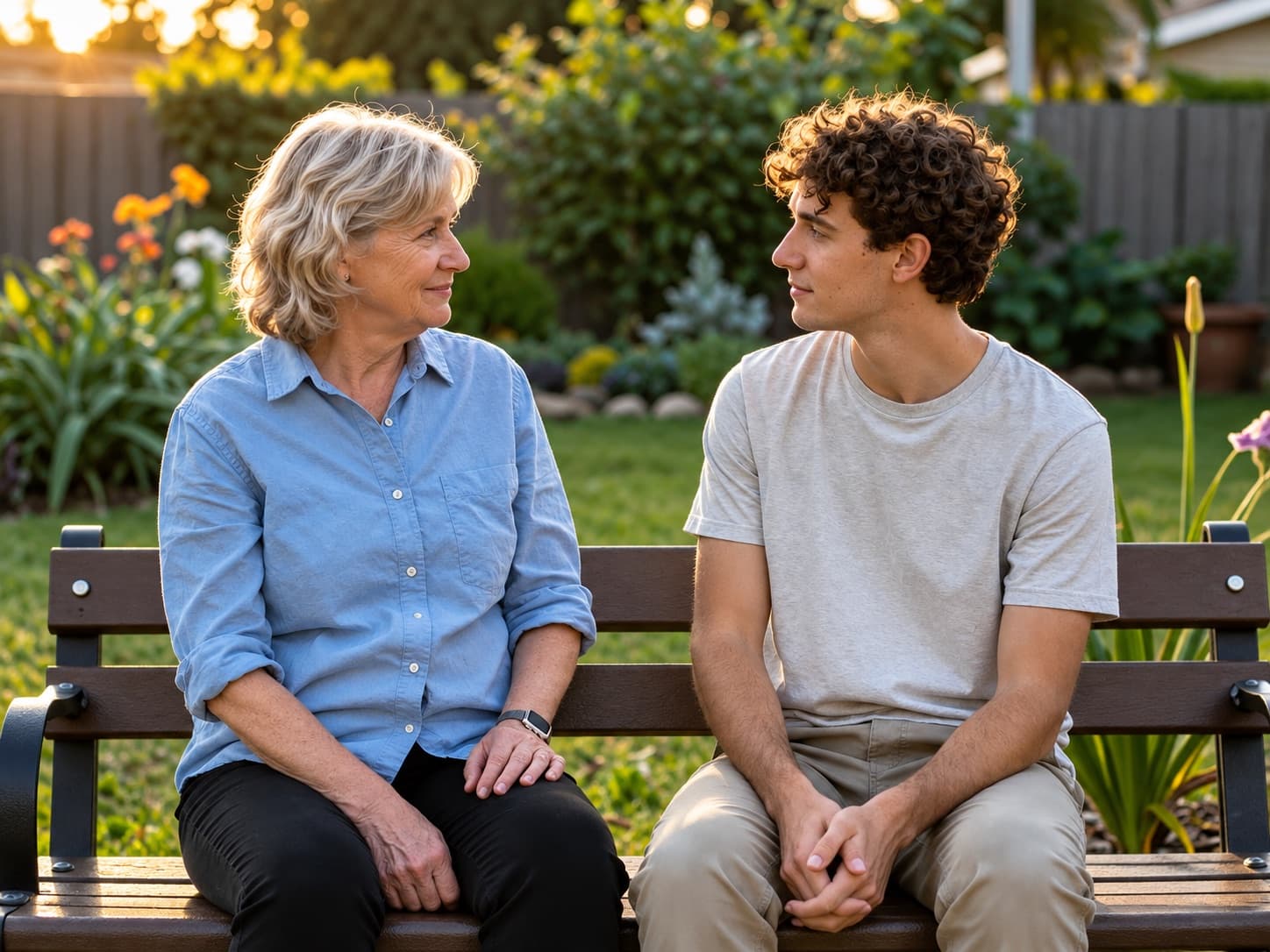 An older woman and a young man sit together on a garden bench, talking