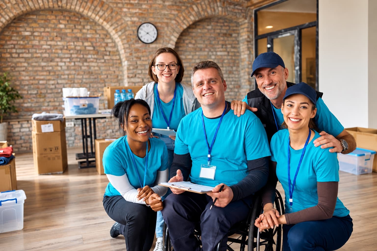 A smiling team of shelter and outreach staff in matching shirts and lanyards
