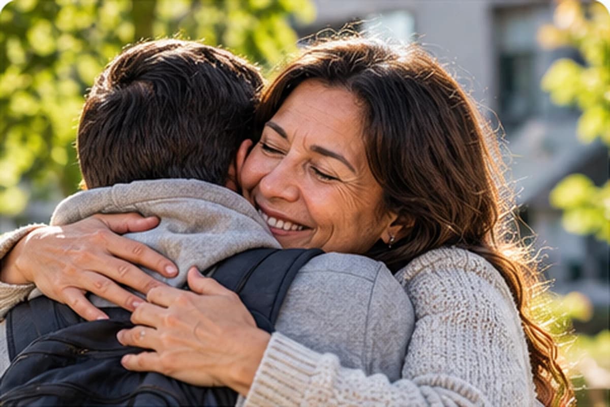 A smiling woman hugs a young man in a backpack outdoors