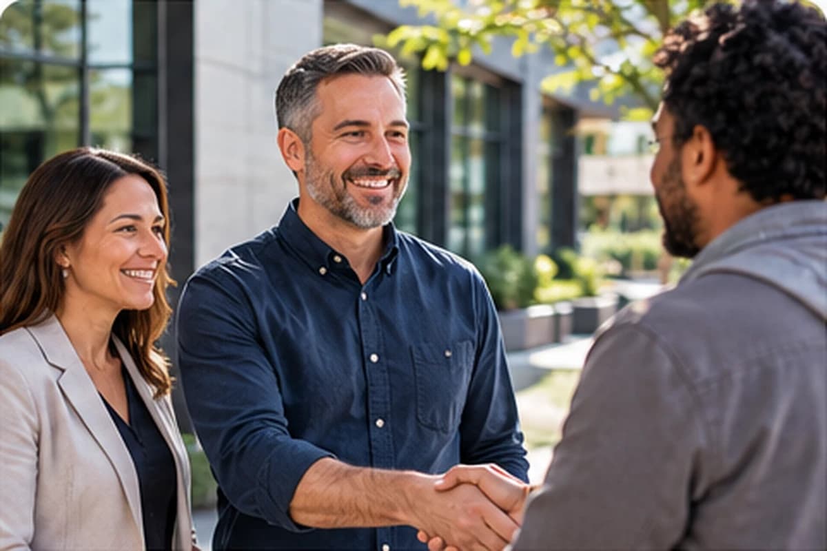 A man shakes hands with two smiling colleagues outside an office