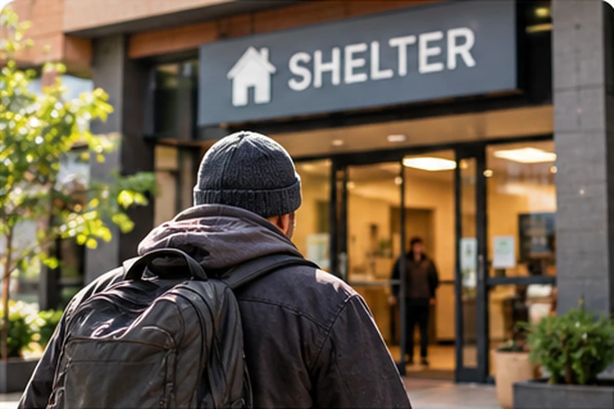 A man with a backpack walks toward the entrance of a shelter