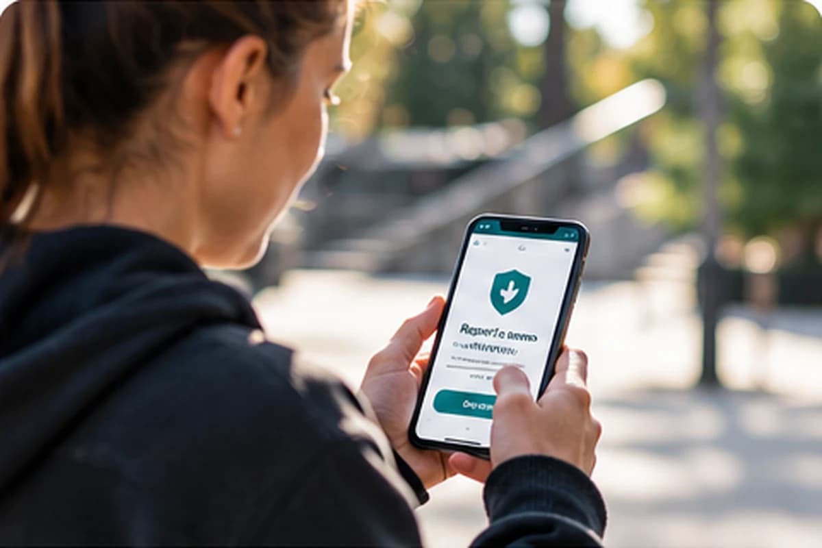 A woman fills in a safety report on her phone