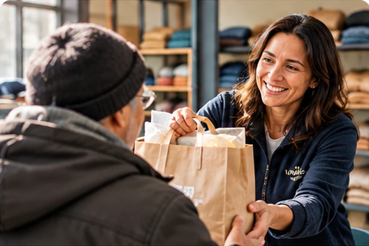A volunteer hands a bag of essentials to a man in a winter hat