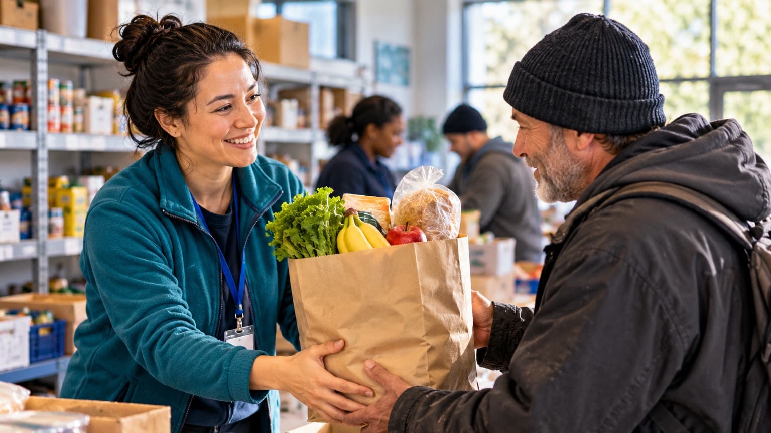 A volunteer hands a bag of groceries to a man at a food bank