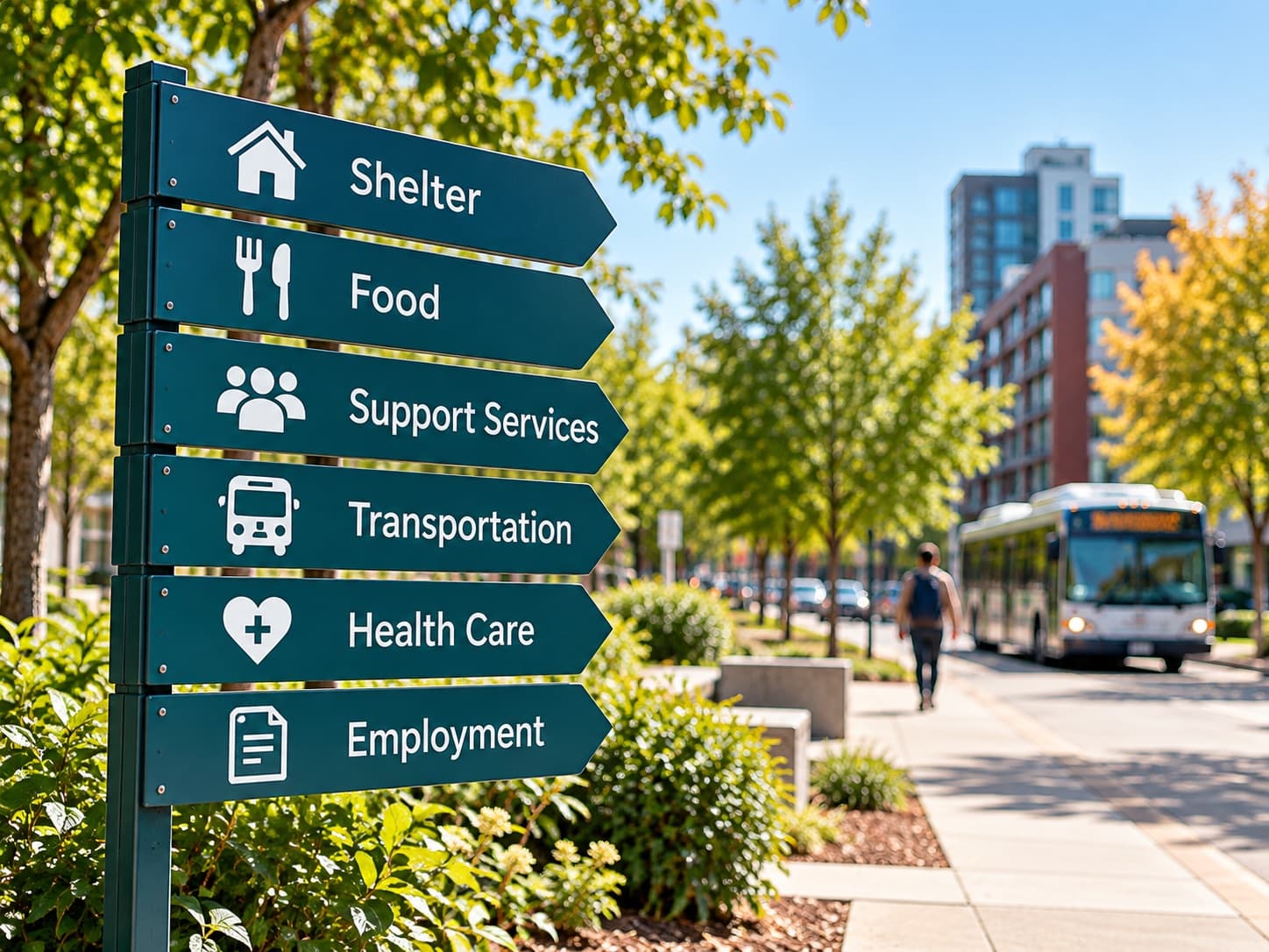 A street sign pointing to shelter, food, support services, transportation, health care and employment